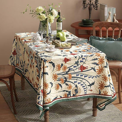 French Vintage Rectangular Tablecloth,Linen Extra Long Tablecloth with Gold and Red Floral Pattern,Decorative Table Cover for Kitchen,Dining,Thanksgiving,Living Room,63" × 110"-Tijuana