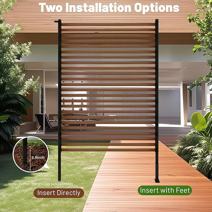 Outdoor Privacy Screen Fence with Feet Stand 3.3FT x 6FT, Wood Texture Freestanding Fence Privacy Screen for Outside, Metal Pipes and Slats Panels Divider for Garden Patio Balcony Backyard