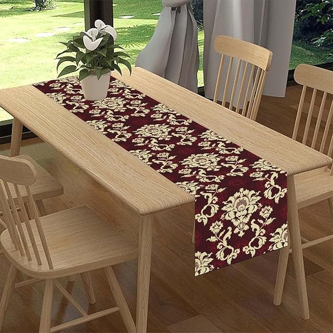 Red Damask Table Runner, Gothic Boho Baroque Style Floral Flower Antique Classic Rustic Vintage Coffee Table Center Decor for Kitchen and Dining Outdoor Home Country Party Table Decorations, 13"x108"