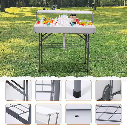 Nice C 4 ft Folding Ice Cooler Table, Party Cooler, Grazing Table, Tables with Drain, Party Tables, with Matching Skirt, Storage Shelf (White)
