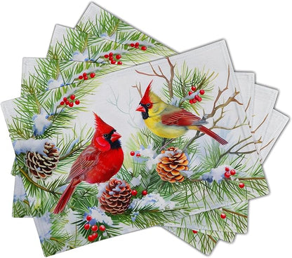 Giwawa Winter Birds Placemats Set of 4, Christmas Tree Holly Berry Pine Cones Place Mat for Kitchen Dining, Xmas Snow Scene Non-Slip Washable Table Mats 12"x18" for Tabletop Holiday Party Decor