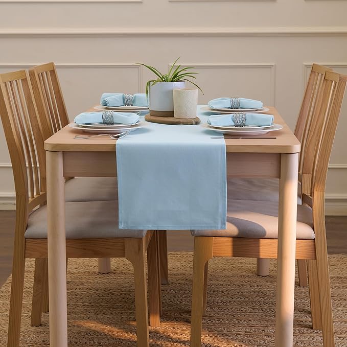 Encasa XO Table Runner 13"x72" Long | Cotton Canvas Fabric | Ice Blue Solid Color | Machine Washable & Durable