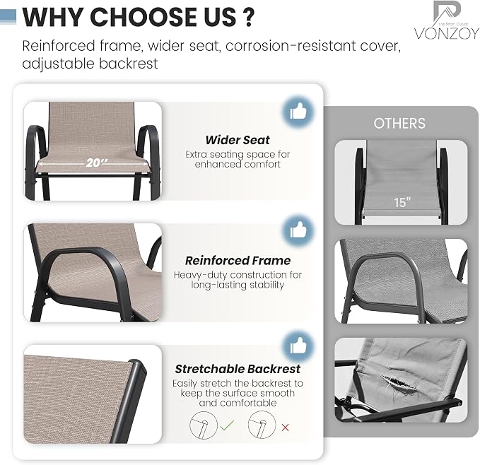 Patio Chairs Set of 6, Stackable Dining Chairs High Back, Breathable Fabric and - Image 7
