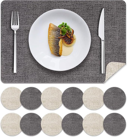 MOSAYT Faux Leather Placemats Set of 12, Heat Resistant Vinyl Place Mats with Coasters, Wipeable Washable 100% Waterproof Oil Proof Table Mats for Kitchen Dining Indoor Outdoor, 12" x 17", Grey Beige