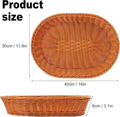 4 Pack 15.7 Inch Oval Poly Wicker Baskets, Plastic Oval Wicker Baskets, Rustic, Durable & Easy-Cleaning Wicker Bread Basket, for Home, Restaurant & Hotel Use, Brown