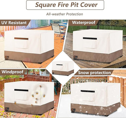Fire Pit Cover Square, Outdoor Heavy Duty Durable 600D Tear-Resistant 100% Waterproof 26-28 Inch Fire Pit Cover, Patio Weatherproof Square Fire Table Protector, Beige 28" L x 28" W x 25" H