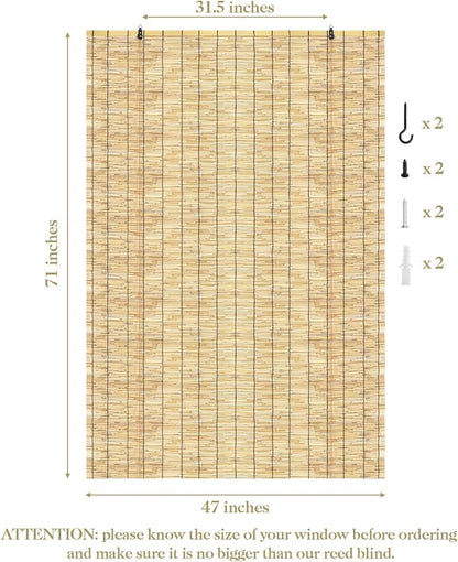 Bamboo Roll Up Shades 2 Pack, Reed Roller Blinds 47" W x 71" H, Natural Light - Image 3