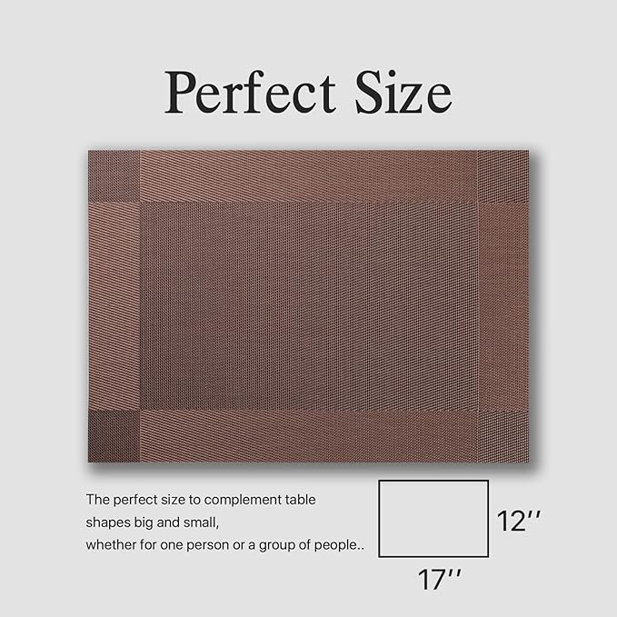 Placemats Set of 12 - Easy Clean Woven Vinyl Placemats for Dining Table, Indoor/Outdoor Place Mats, Washable PVC Table Mats（Brown Cube）