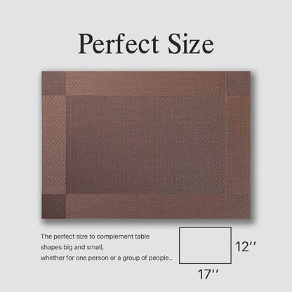 Placemats Set of 12 - Easy Clean Woven Vinyl Placemats for Dining Table, Indoor/Outdoor Place Mats, Washable PVC Table Mats（Brown Cube）
