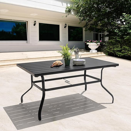 NUU GARDEN Outdoor 61" x 37" Rectangle Dining Table with 1.57" Umbrella Hole, 6-Person Steel Slat Outdoor Patio Table, for Patio, Garden, Backyard and Balcony, Black