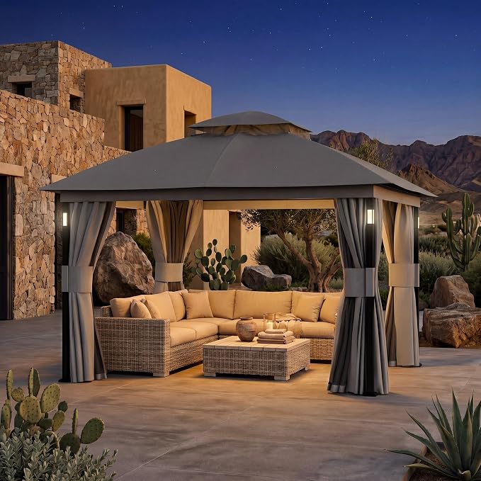 Patio Gazebo 10'x12' with LED Lights & Bluetooth Speaker, Heavy Duty Outdoor - Image 2
