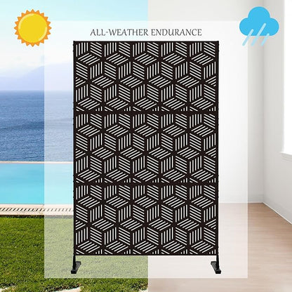 Kozyard Metal Privacy Screen 74" H x 47.2" W Decorative Outdoor Divider with Stand Panels Freestanding Screen Set for Deck Patio Balcony Garden Outdoor&Indoor(Black/Cube)