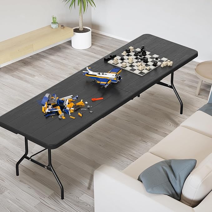 VINGLI 8 Foot Plastic Folding Table Portable Long Table for Indoor Outdoor Use Rectangular with Carrying Handle, Black