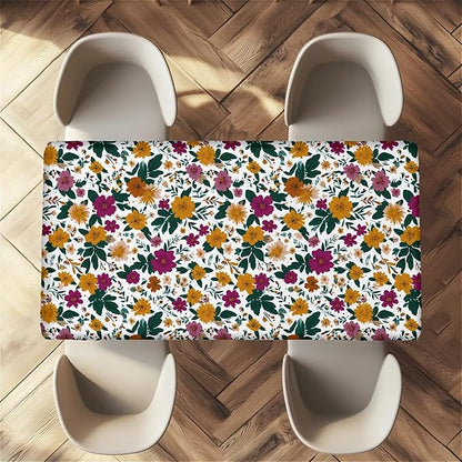 Rectangle Table Cloth Cover Waterproof Elastic Fitted Polyester Fitted Tablecloths for 8 Foot Tables for Indoor,Picnic, Camping, Outdoor （96" x 30"，Floral Print）