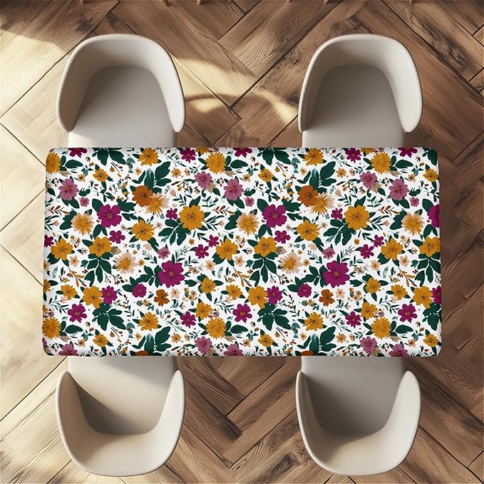 Rectangle Table Cloth Cover Waterproof Elastic Fitted Polyester Fitted Tablecloths for 4 Foot Tables for Indoor,Picnic, Camping, Outdoor （48" x 24"，Floral Print）