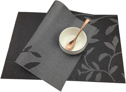 Gugrida Place Mats PVC Set of 6, Table Placemats Set of 6 PVC Woven Vinyl Place Mats Table Mats Natural Color (6 pcs, Black Leaves)
