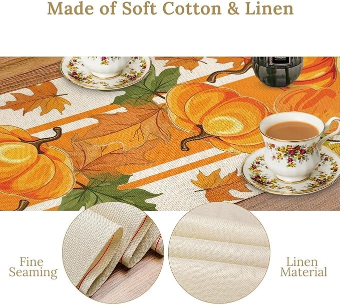 Fall Pumpkin Table Runner, Autumn Orange Maple Leaves Print Table Runner for Thanksgiving Harvest Holiday Indoor Outdoor Table Decoration, 13x60inch