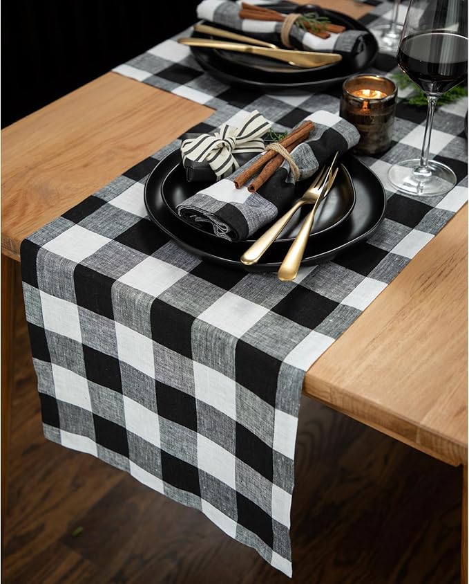 Solino Home Linen Checkered Table Runner 132 Inches Long - 100% Pure Linen Black and White Buffalo Check Extra Long Table Runner 14 x 132 Inch Ideal for Dining, Winter