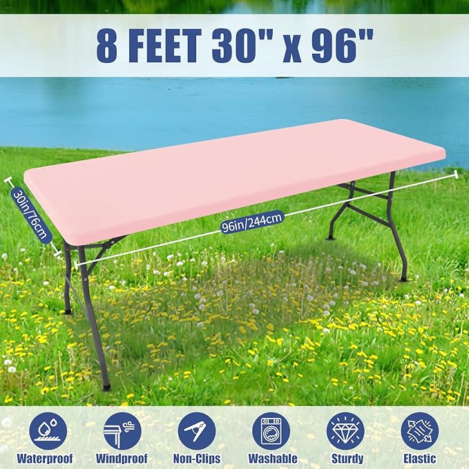 Spandex 8 Foot Rectangle Table Cloth 6 Pack, Elastic Fitted Tablecloths for Picnic, Stretch Washable Patio Table Cover for Outdoor, Camping, Banquet and Parties (Pink, 30"x96")