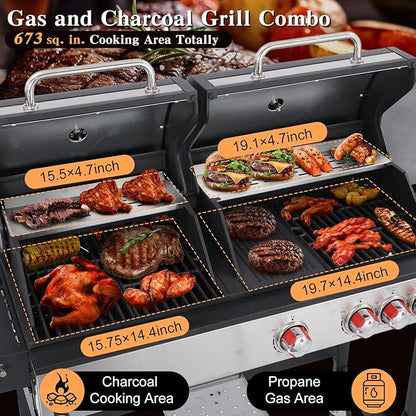CIG GARDEN Gas and Charcoal Combo Grill, 3 Burner Propane Gas Grill with Side Burner, Cast Iron Grates Outdoor Barbecue Grill with 41,500 BTU Output, Perfect for Outdoor Cooking, Balcony, Camping