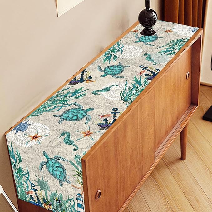 Sea Turtle Table Runner, Summer Coastal Starfish Seahorse Seashells Coastal Nautical Tropical Ocean Rustic Farmhouse Table Center Decor for Home Kitchen Dining Patio Indoor Outdoor, 13"x72" Inch