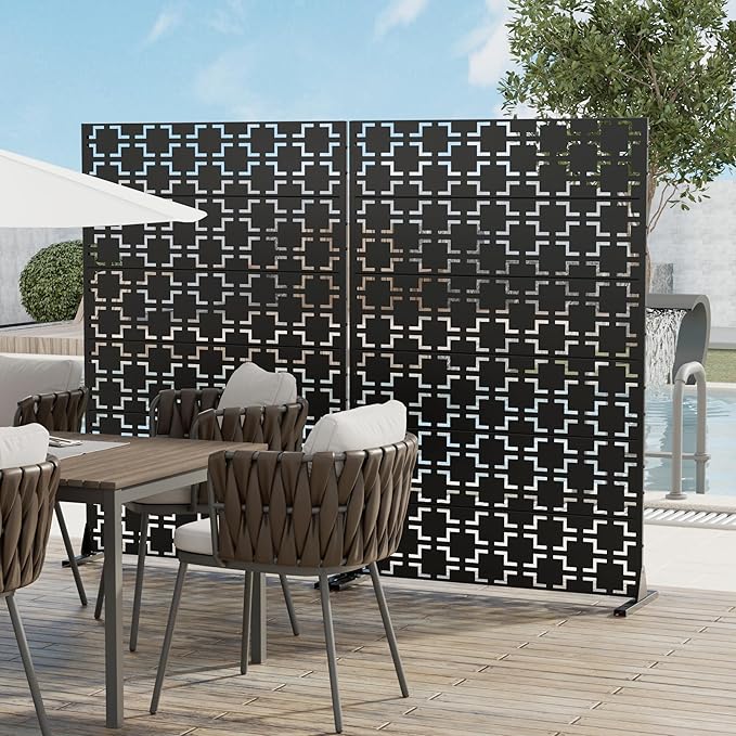 Casaphoria Metal Privacy Screen 72" H x 45" W, 2 Pack Outdoor Freestanding Decorative Divider for Patio & Garden with Stable Base, Black-Brick