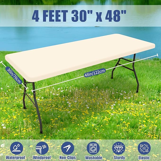 Spandex 4 Foot Rectangle Table Cloth 6 Pack, Elastic Fitted Tablecloths for Picnic, Stretch Washable Patio Table Cover for Outdoor, Camping, Banquet and Parties (Champagne, 30"x48")