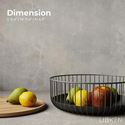 Fruit Basket with Wooden Bamboo Lid - Fruit Bowl For Kitchen Counter - Countertop Bin for Produce Fruits, Potato and Veggie - Metal Wire Baskets For organizing - 11.4"x11.4"x4.5" - Black