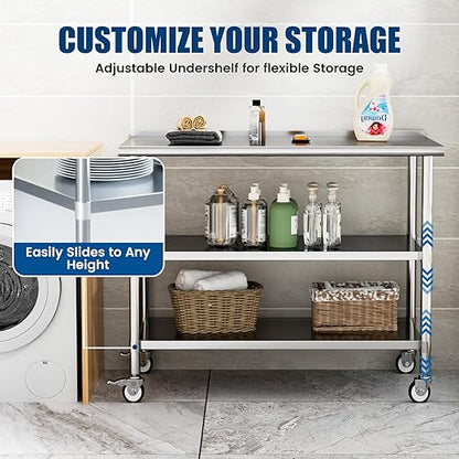 Stainless Steel Work Table with Wheels, 24x60 Inch NSF Food Prep Table with Backsplash & 2 Adjustable Undershelves for Commercial Kitchen, Restaurant, Garage
