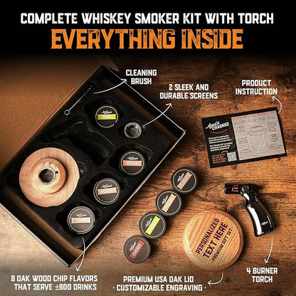Personalised Whiskey Smoker Kit with Torch & Butane with Oak Wood Chips - Custom Engraved Smoke Lid for Bourbon & Old Fashioned Cocktails - Unique Whiskey Gifts for Men - Fits Various Glasses