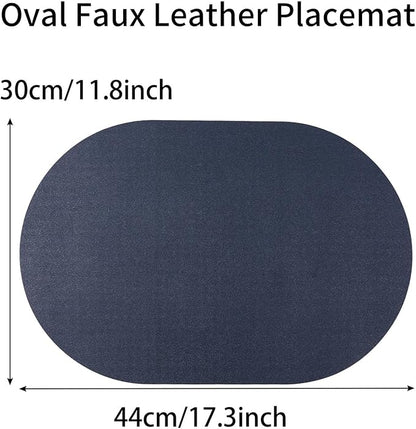 Reversible Placemats Set of 6 Waterproof Oval Faux Leather Placemat Navy Blue and Yellow PU Table Mats Heat Resistant Anti Slip Washable Place Mat for Indoor and Outdoor Dining Table