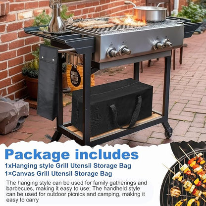 Amylove 2 Sizes Grill Utensil Storage BBQ Tool Bag Foldable Oxford Grilling Carry Bag Waterproof Grill Utensil Holder Outdoor BBQ Accessories Picnic Cooking Tools for Camp Barbecue(Plus)