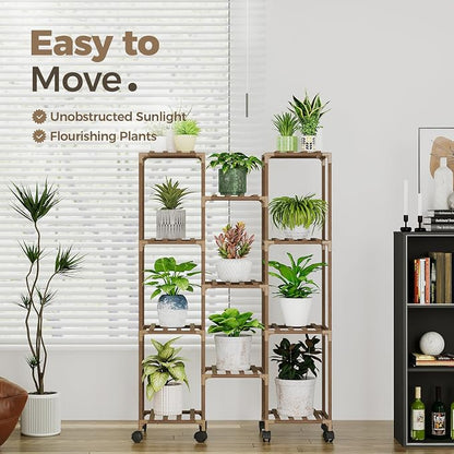 Bamworld Plant Stand With Wheels Indoor Outdoor Wood Plants Shelf - Image 2