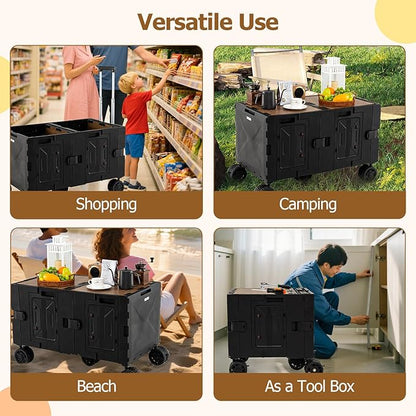 Goplus Large Foldable Utility Cart w/ 2-Tier Storage Crates, 5 Rotate Wheels, Metal Telescoping Handle, Portable Rolling Trolley Collapsible Cart for Grocery Shopping Camping & Travel
