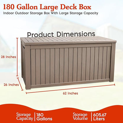 180 Gallon Large Resin Outdoor Storage Deck Box, for Patio Cushions, Garden Tools, Sports Equipment, and Pool Supplies, Lockable & Waterproof (Brown)