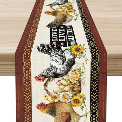 Farmhouse Rooster Table Runner, Rustic Vintage Chicken Egg Sunflower Floral Cow Hen Red Coffee Table Center Decor for Family Kitchen and Dining Room Outdoor Country Party Table Decorations, 13"x72"