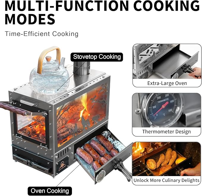 Heavy Duty M8 Wood Burning Stove with Oven, 2100 Cu In Large Firebox, 4 Air Inlets, Stainless Steel, Foldable Base & Ash Drawer, 6-Piece Chimney Pipe Kit for Outdoor Cooking, Camping, Off-Grid