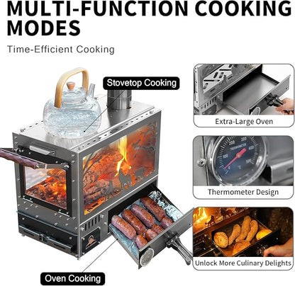 Heavy Duty M8 Wood Burning Stove with Oven, 2100 Cu In Large Firebox, 4 Air Inlets, Stainless Steel, Foldable Base & Ash Drawer, 6-Piece Chimney Pipe Kit for Outdoor Cooking, Camping, Off-Grid