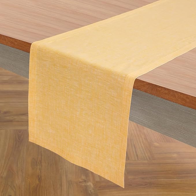 Solino Home Linen Small Table Runner 48 Inches - Athena, 100% Pure Linen Chambray Mustard Yellow Table Runner 14 x 48 Inch Ideal for Dresser and Coffee Tables, Spring, Easter