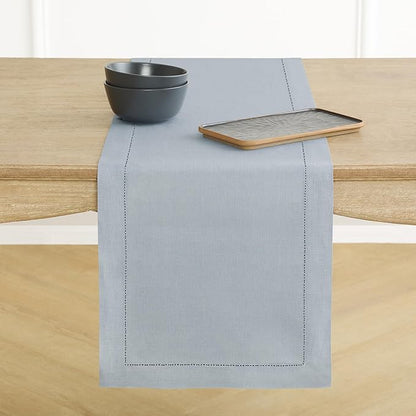 Solino Home Linen Table Runner 120 Inches Long - 100% Pure Linen Dusty Blue Table Runner 14 x 120 Inch for Winter, Spring, Easter - Classic Hemstitch