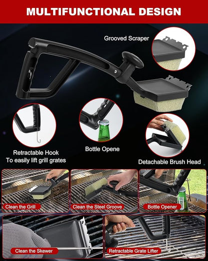 Grill Brush Bristle Free, Steam Grill Cleaner with Scraper for Outdoor Grill, Grill Cleaner Steam BBQ Tool, Safe for Cast Iron & Stainless Steel Grates (Black)