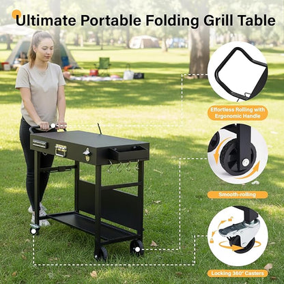 VINGLI Outdoor Grill Table Cart, Foldable Grill Cart with Wheels, Rolling Table for Ninja, Blackstone Griddle, Pizza Oven Stand, Food Prep Table w/Bottle Opener, Seasoning Tray, Rubbish Bag Holder