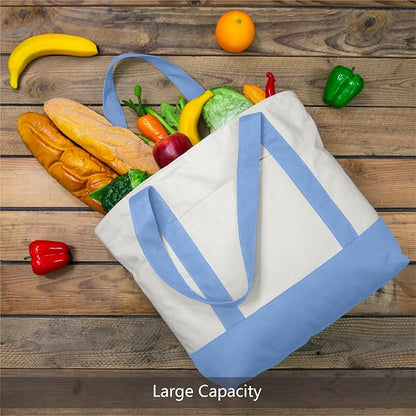 TOPDesign 1-Pack Canvas Tote Bag with an External Pocket, Reusable Grocery Shopping Bag, Top Zipper Closure, Daily Essentials (Light Blue/Natural)
