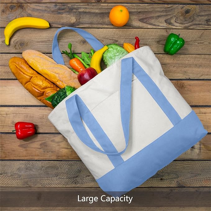 TOPDesign 6-Pack Canvas Tote Bags with an External Pocket, Reusable Grocery Shopping Bags, Top Zipper Closure, Daily Essentials (Light Blue/Natural)
