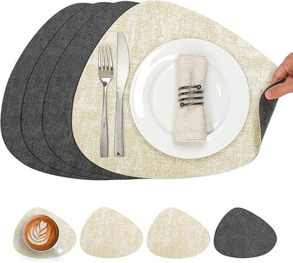 Placemats and Coasters, Washable Reversible Placemats Round Faux Leather Wipeable Place Mats Non Slip Heat Resistant Indoor Outdoor Table Mats (Set of 4, Gray Cream)