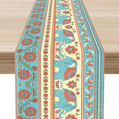 Boho Table Runner, Rustic African Tribe Indian Elephant Diwali India Ethnic Rustic Blue Coffee Table Center Decor for Home Kitchen Dining Patio Holiday Party Outdoor Table Decorations, 13"x36"