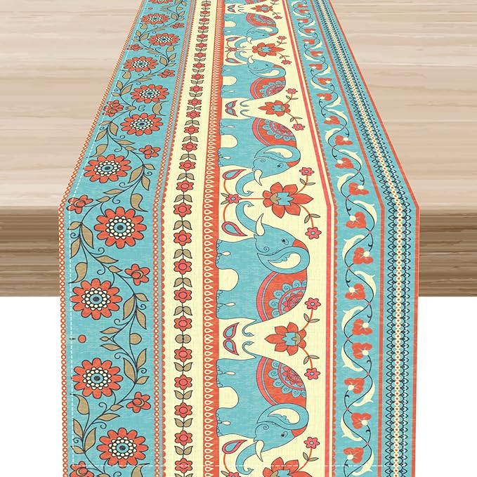 Boho Table Runner, Rustic African Tribe Indian Elephant Diwali India Ethnic Rustic Blue Coffee Table Center Decor for Home Kitchen Dining Patio Holiday Party Outdoor Table Decorations, 13"x108"