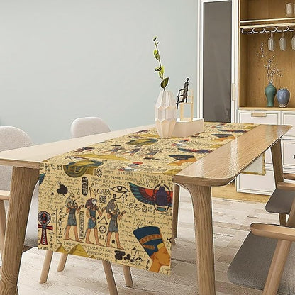 Ancient Egypt Table Runner, Egyptian Symbols Vintage Gold Pharaoh Pyramid Design Table Runner for Kitchen Family Dining Holiday Party 13x60in