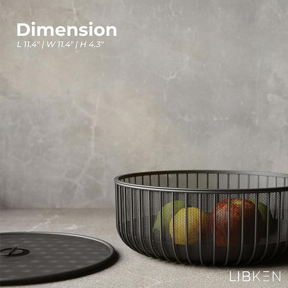 Metal Fruit Bowl with Mesh Lid and Basket - Fruit and Vegetable Holder For Kitchen Counter - Countertop Display Baskets Organizer - Bowl Storage for Veggie, Fruits, Snack, and Banana - Black