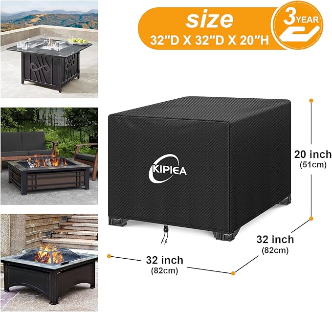 Kipiea Square Fire Pit Cover - Upgraded 600D Strong Tear Resistant, 100% Waterproof Fire Pit Table Cover, UPF 50+ Outdoor Firepit Cover Square Fading Resistant, 32" L x 32" W x 20" H